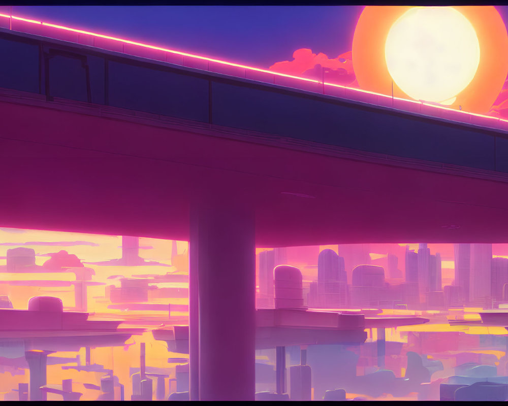 Futuristic cityscape with elevated road and setting sun in pink and purple sky