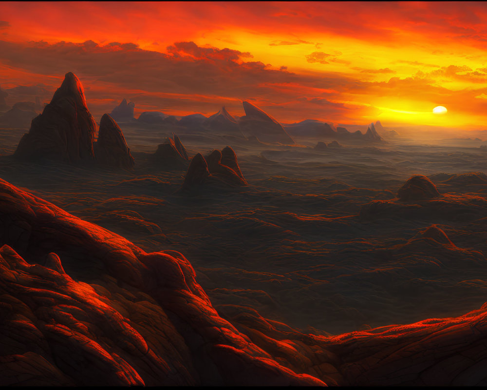 Vibrant sunset over rocky, barren landscape with dramatic spires and ridges