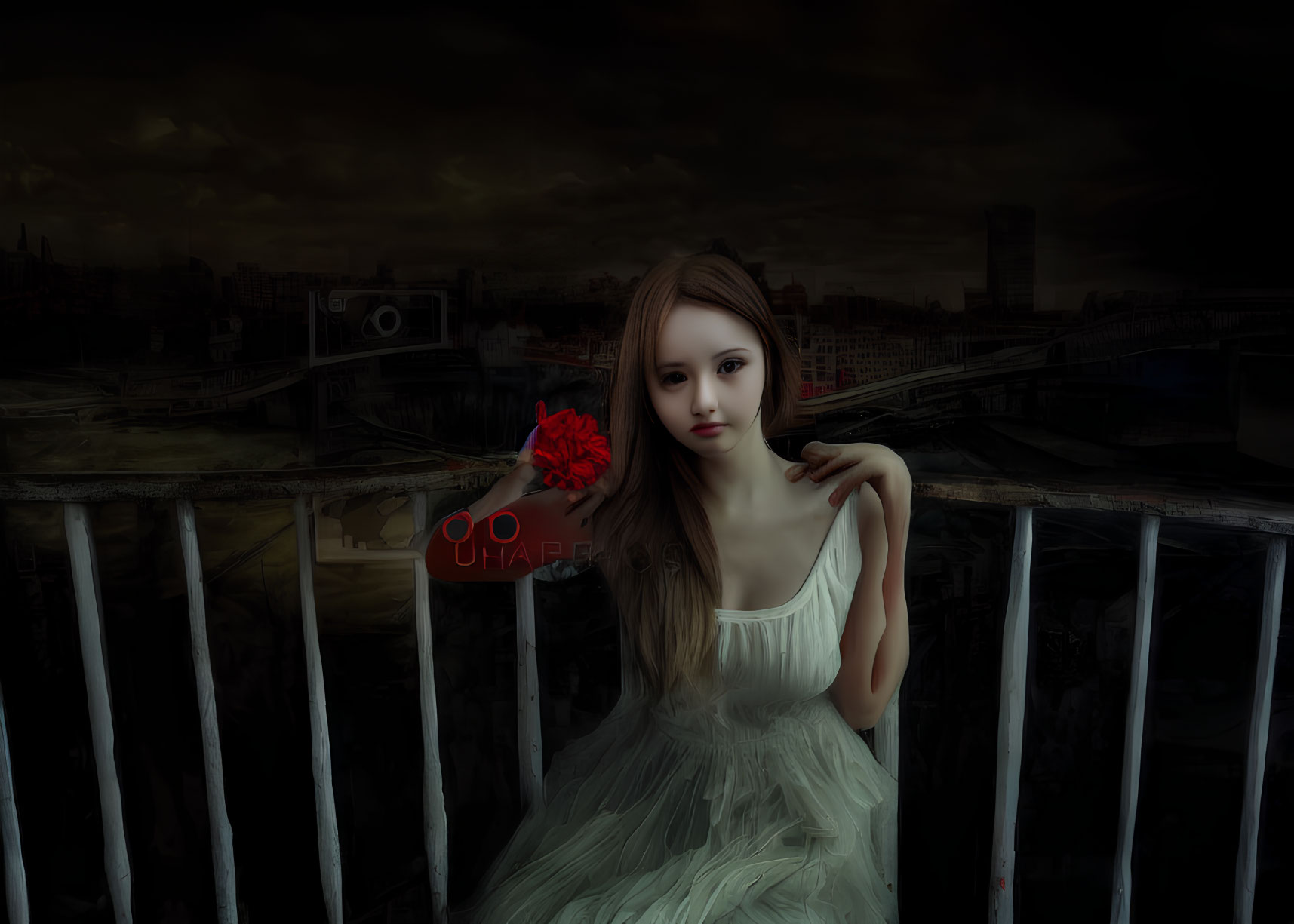 Woman in white dress with red flower on balcony above cityscape