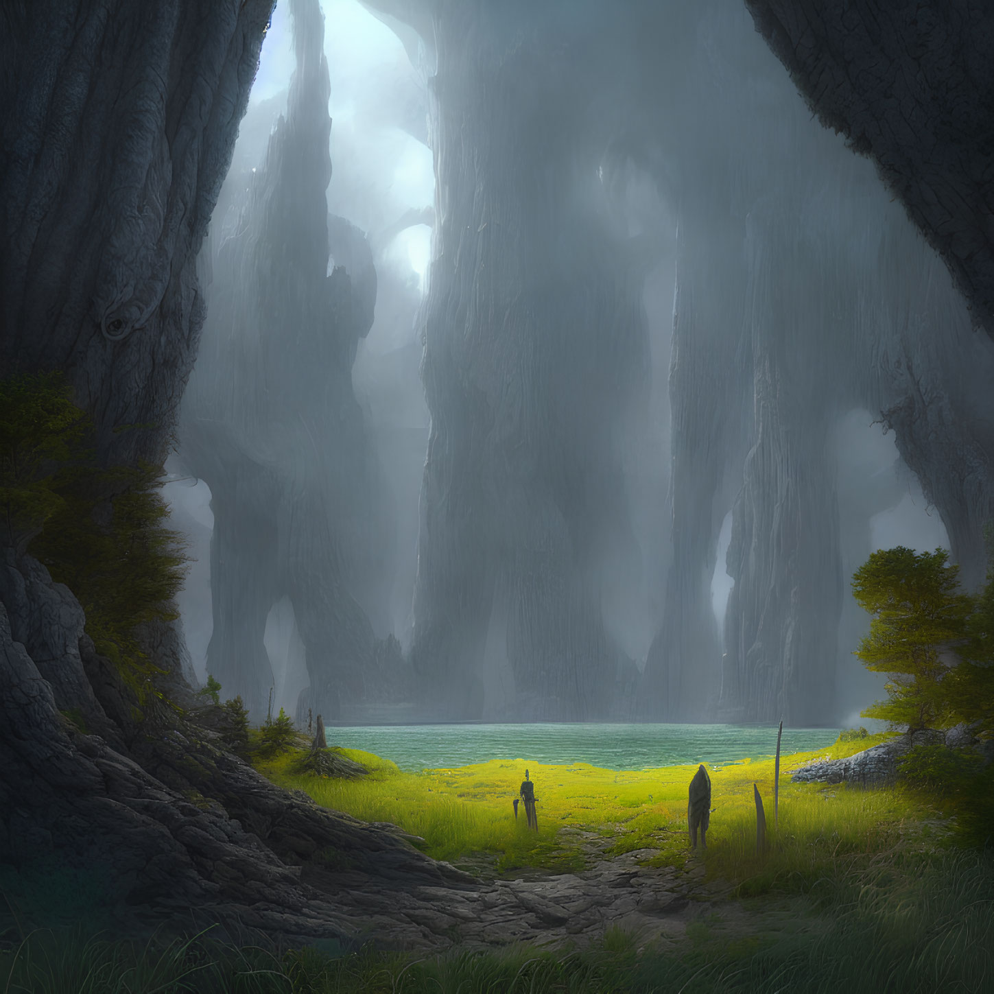 Two Figures in Vast Cavern with Tranquil Lake
