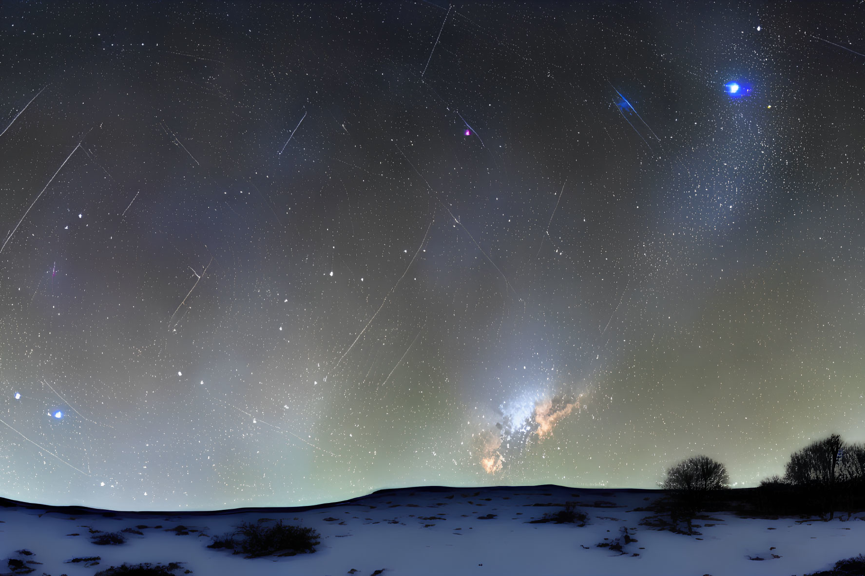 Panoramic night sky with meteor trails, Milky Way, stars, and snow-covered landscape