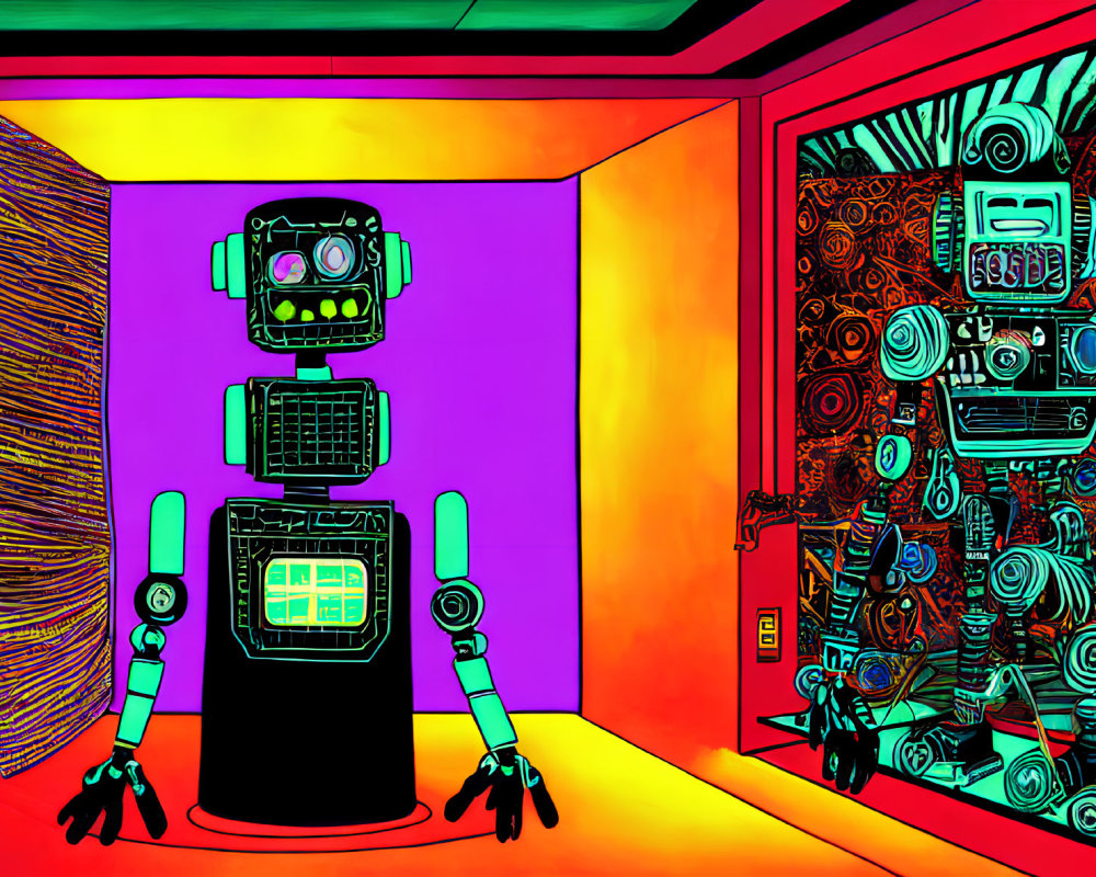 Vibrant artwork featuring two stylized robots in a colorful room