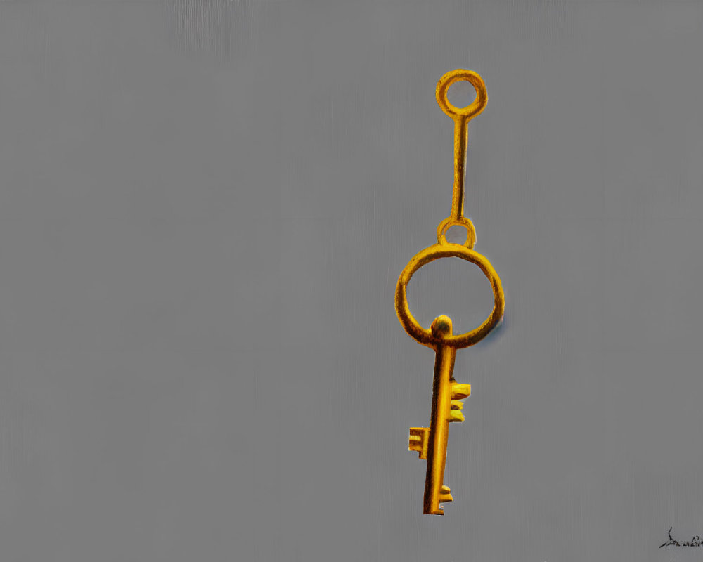 Golden key with ornate handle on grey background with signature