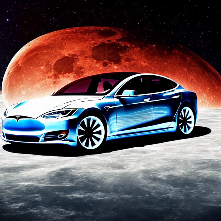Blue Tesla car in space with red planet backdrop