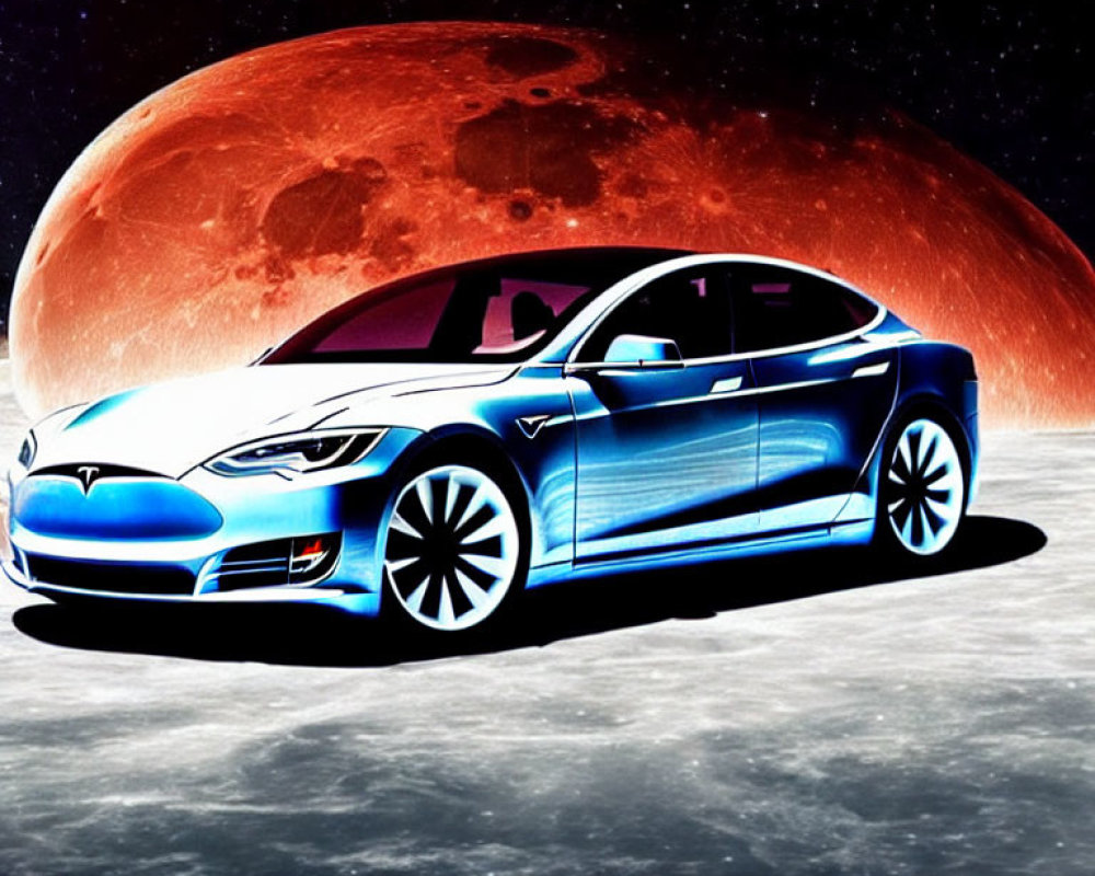Blue Tesla car in space with red planet backdrop