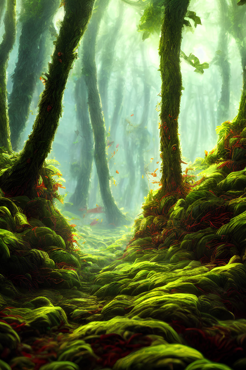 Enchanting forest scene with sunbeams, moss-covered ground, and red leaves
