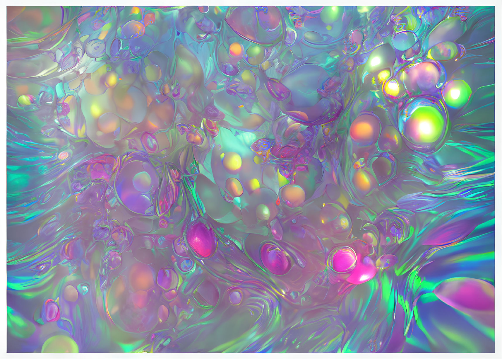 Vibrant abstract art with iridescent bubbles and liquid forms in blues, greens, and p