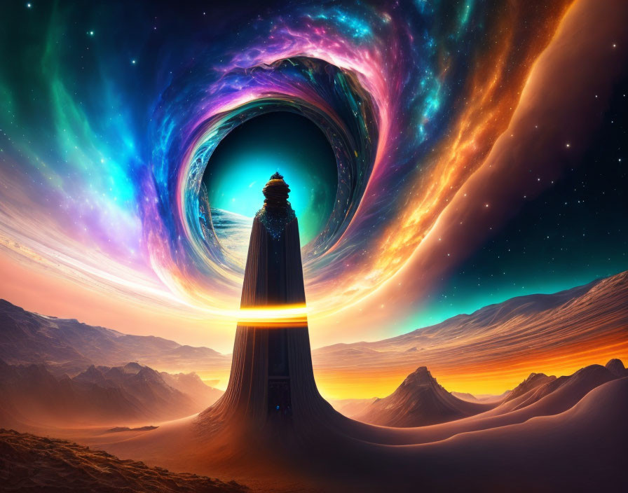 Digital artwork: Lighthouse on peak with galaxies in sky