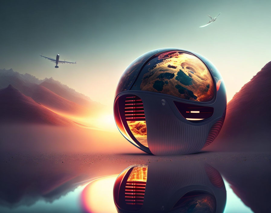 Futuristic spherical vehicle with globe display in serene mountain sunset scene