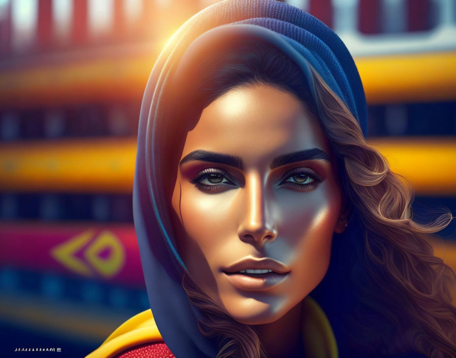 Vibrant digital art portrait of a woman with striking eyes and colorful attire