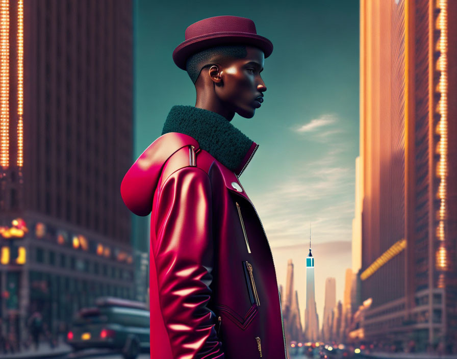 Person in Red Jacket and Hat Poses Against Urban Sunset Backdrop