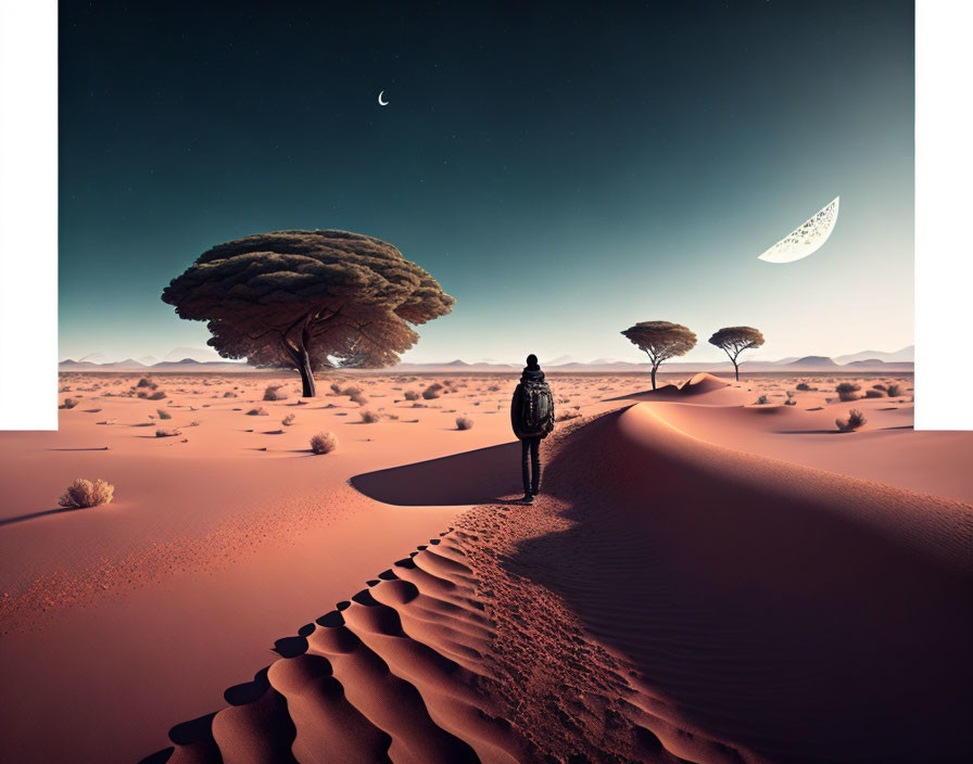 Person standing on sand dune in surreal desert landscape with two moons and scattered trees