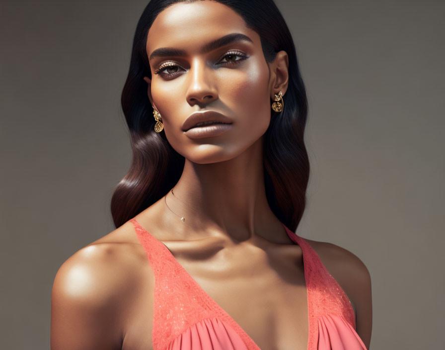 Woman in Coral Dress with Gold Earrings and Sleek Hair on Neutral Background