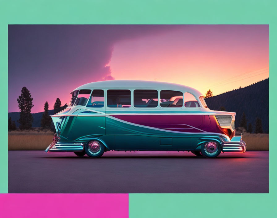 Vintage Streamlined Bus with Custom Paint Job Parked at Sunset