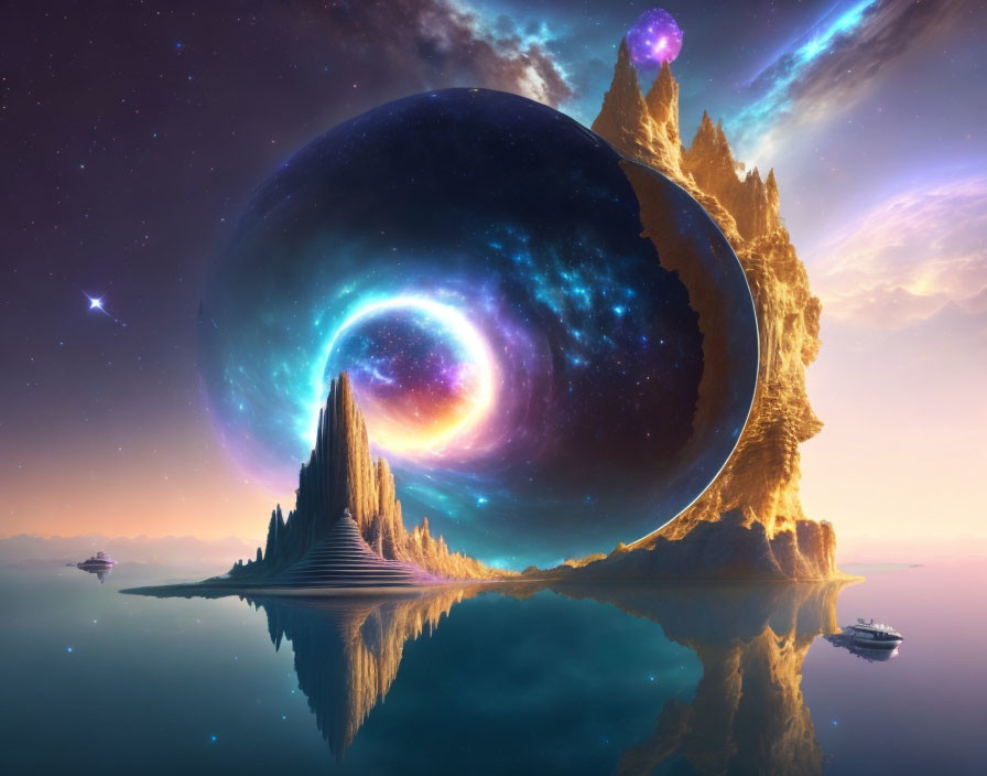 Fantastical landscape with glowing celestial sphere above mountainous island