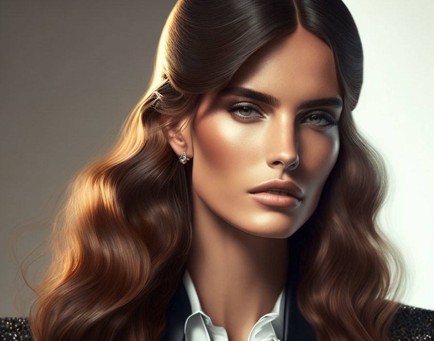 Digital Artwork: Woman with Flowing Brown Hair and Blazer