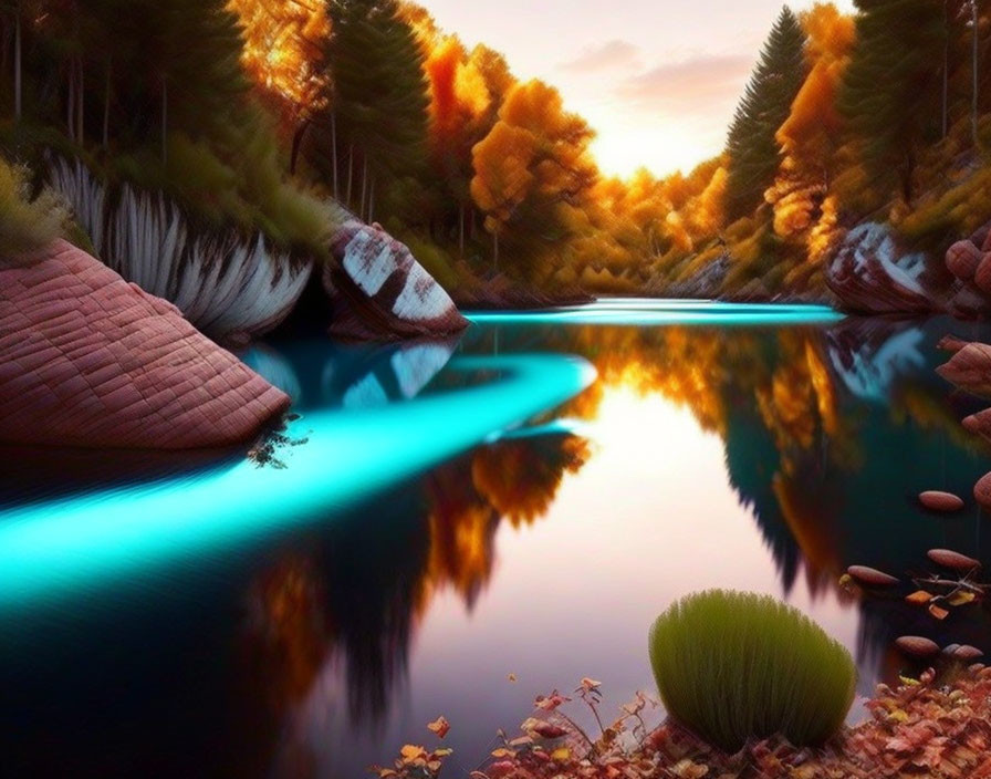 Tranquil river with autumn foliage, neon blue light trails, rocks, and trees