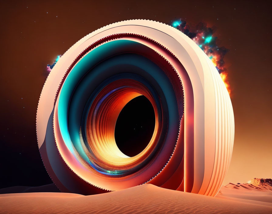 Surreal circular structures in starry sky over sandy terrain