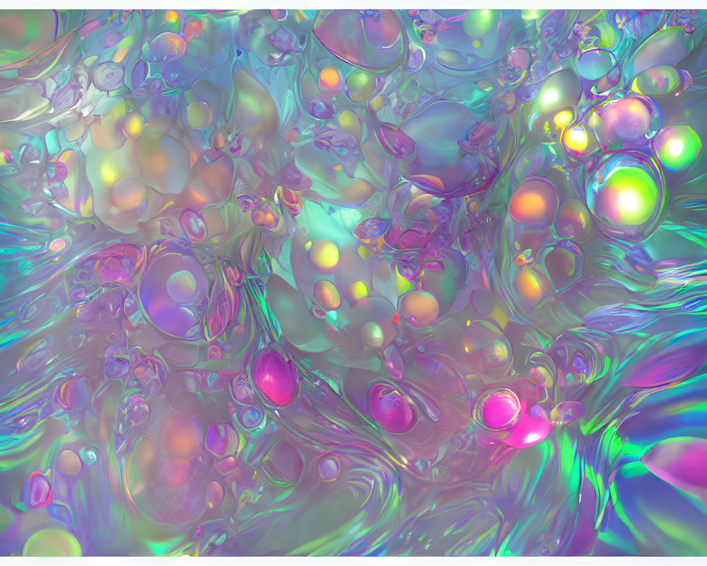Vibrant abstract art with iridescent bubbles and liquid forms in blues, greens, and p