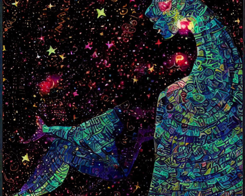 Colorful cosmic illustration of person reading book in starry night sky