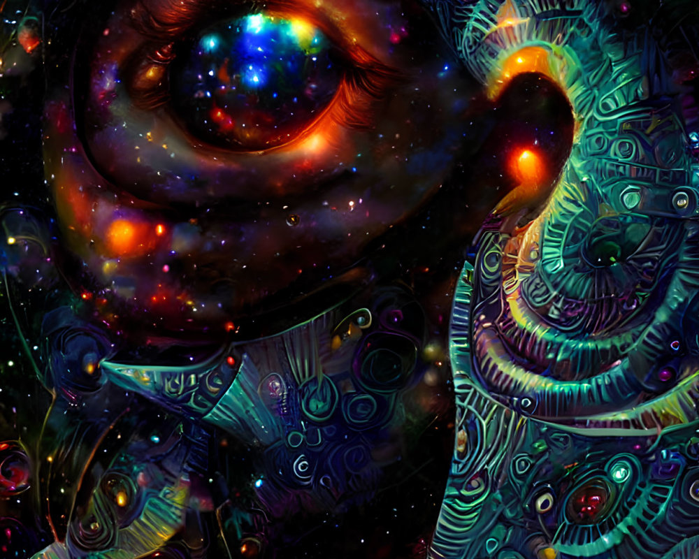 Cosmic-themed digital artwork: Eye with galaxy, abstract patterns, celestial objects