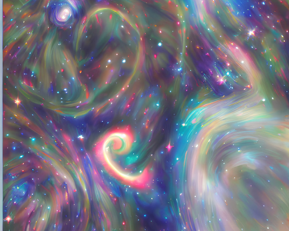 Vibrant swirling galaxy with stars and nebulae in blues, pinks, and greens