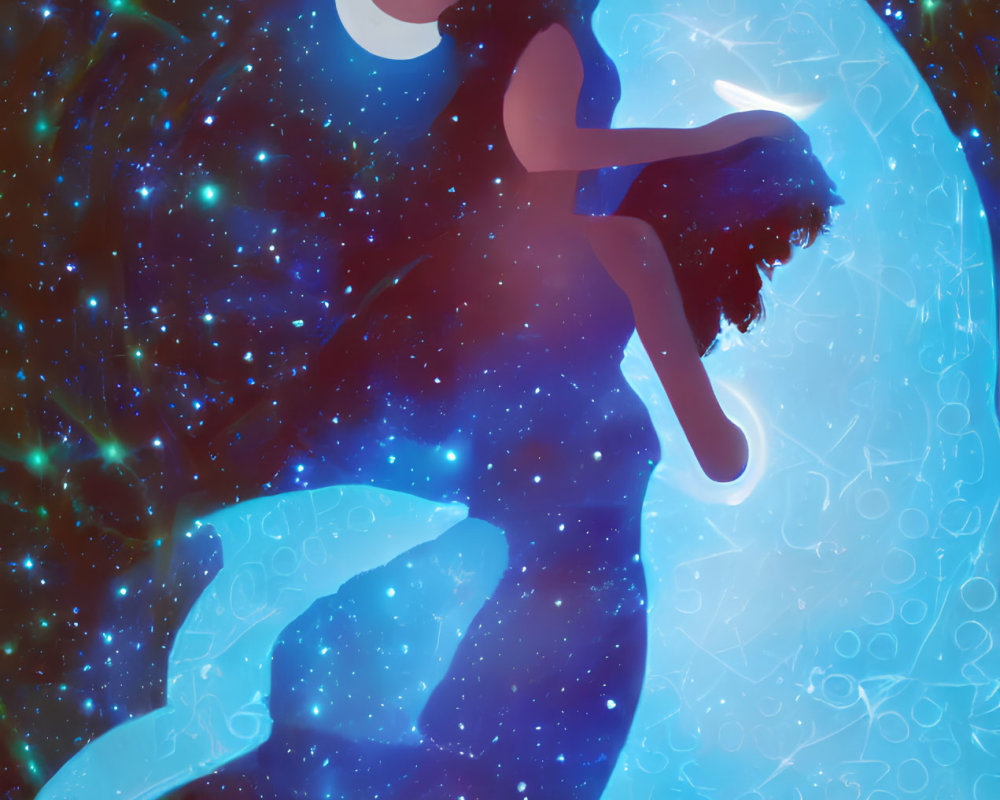 Mermaid silhouette with flowing hair in cosmic backdrop