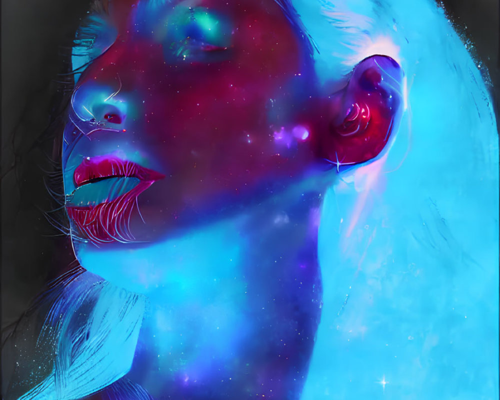 Woman's profile digital artwork with cosmic theme in vibrant blue and red hues.