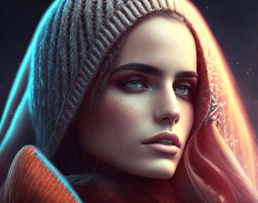 Digital artwork featuring woman with green eyes, freckles, and woolen cap on dark background