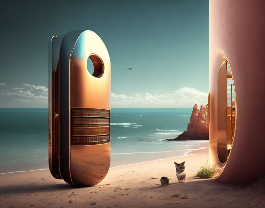 Surreal beach scene with oversized retro camera and cat on rocky outcrop