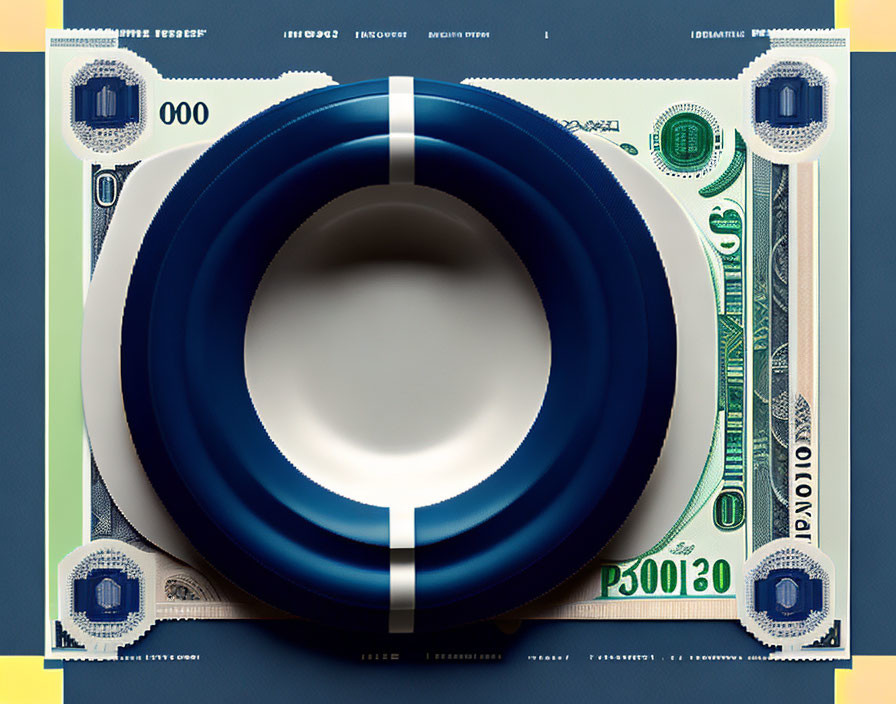 White Plate with Blue Concentric Circles on US Dollar Bill Background