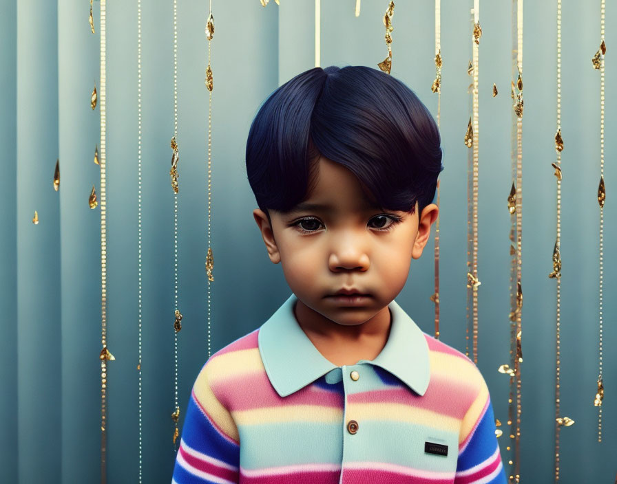 Serious young child in multicolored shirt against blue background