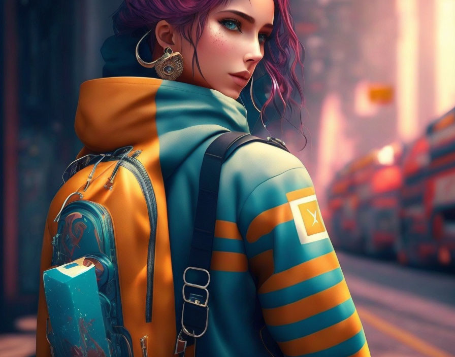 Digital artwork featuring woman with purple hair in striped hoodie against futuristic urban backdrop