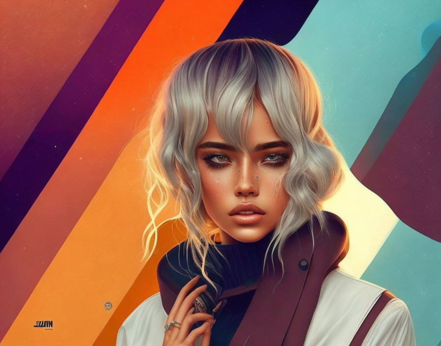 Digital Artwork: Woman with Silver Hair and Striking Eyes on Abstract Background