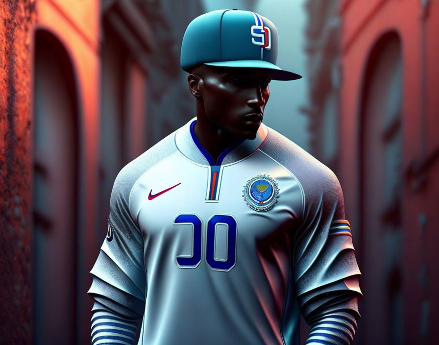 Futuristic digital artwork of a man in a baseball uniform in red-lit alleyway