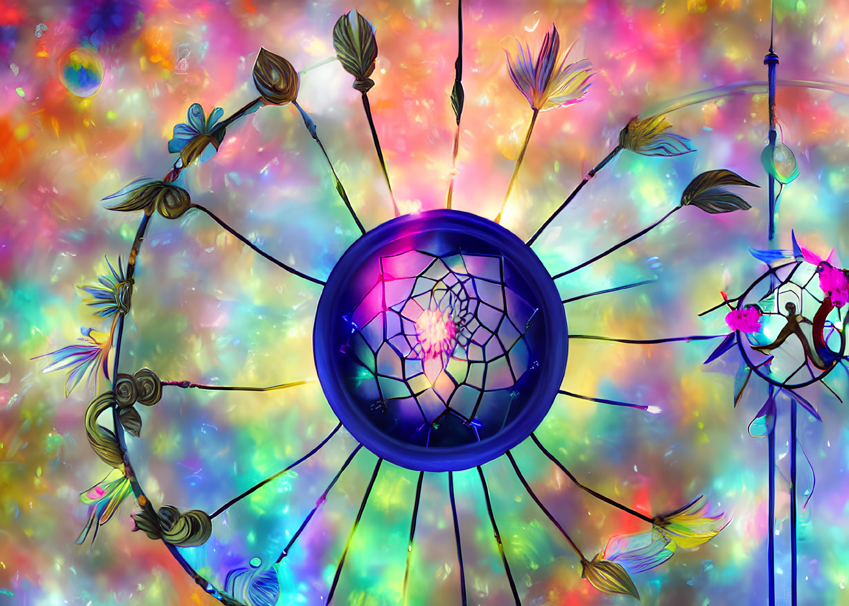 Colorful Floral Dreamcatcher on Cosmic Background