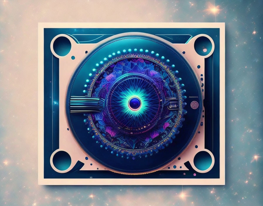 Colorful digital artwork: intricate eye-like structure with glowing blue accents on starry background