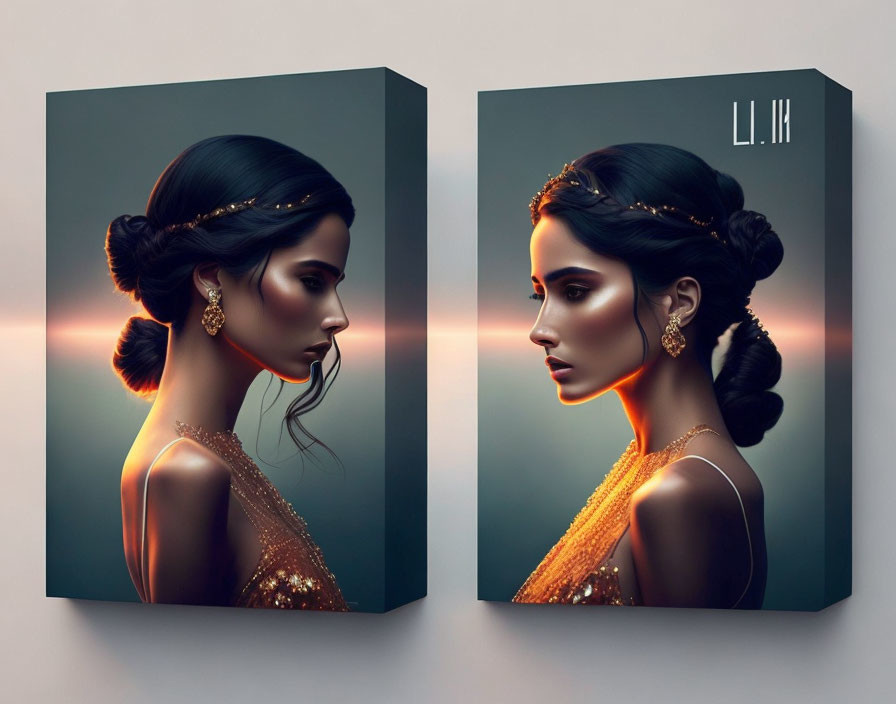 Profile of a woman in elegant attire against sunset backdrop on canvas prints