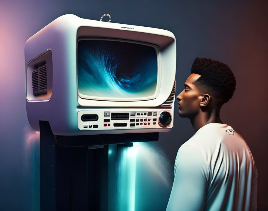 Man gazes at retro-futuristic TV with cosmic vortex on dual-tone background