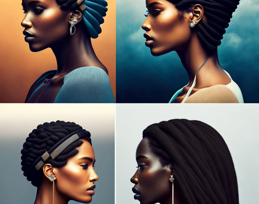 Four portraits of a woman with stylized hair on gradient background