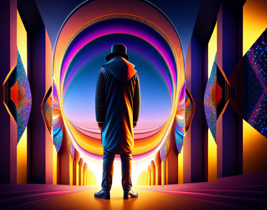 Silhouetted Figure in Front of Vibrant Portal and Futuristic Columns