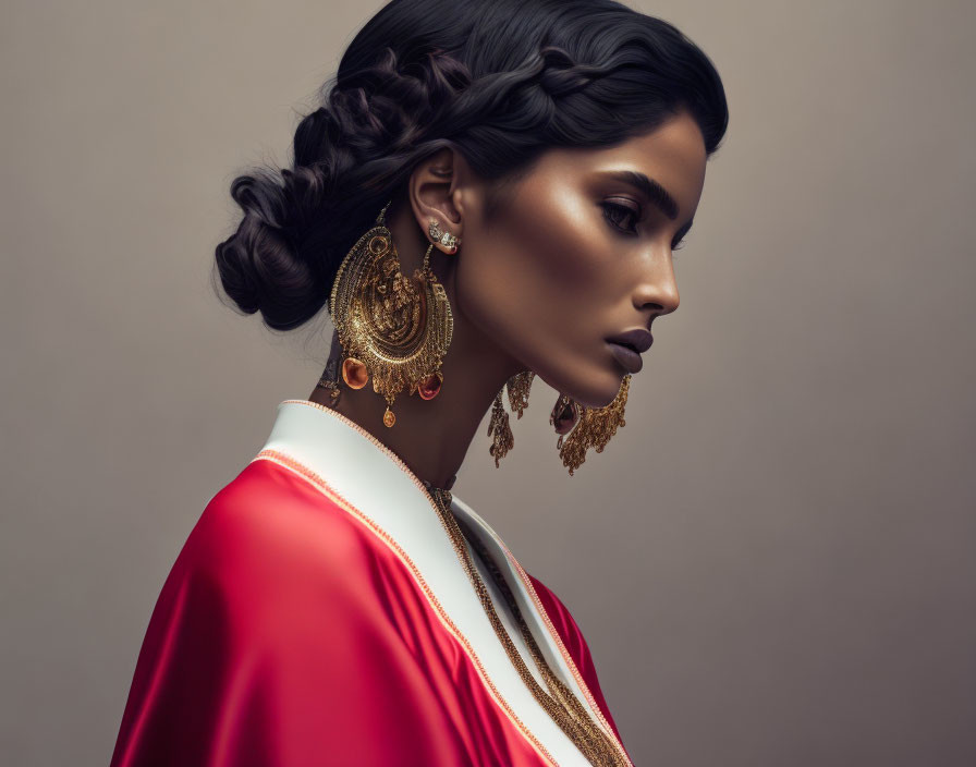 Elegant Gold Earrings & Red Outfit with White Trim on Sophisticated Woman