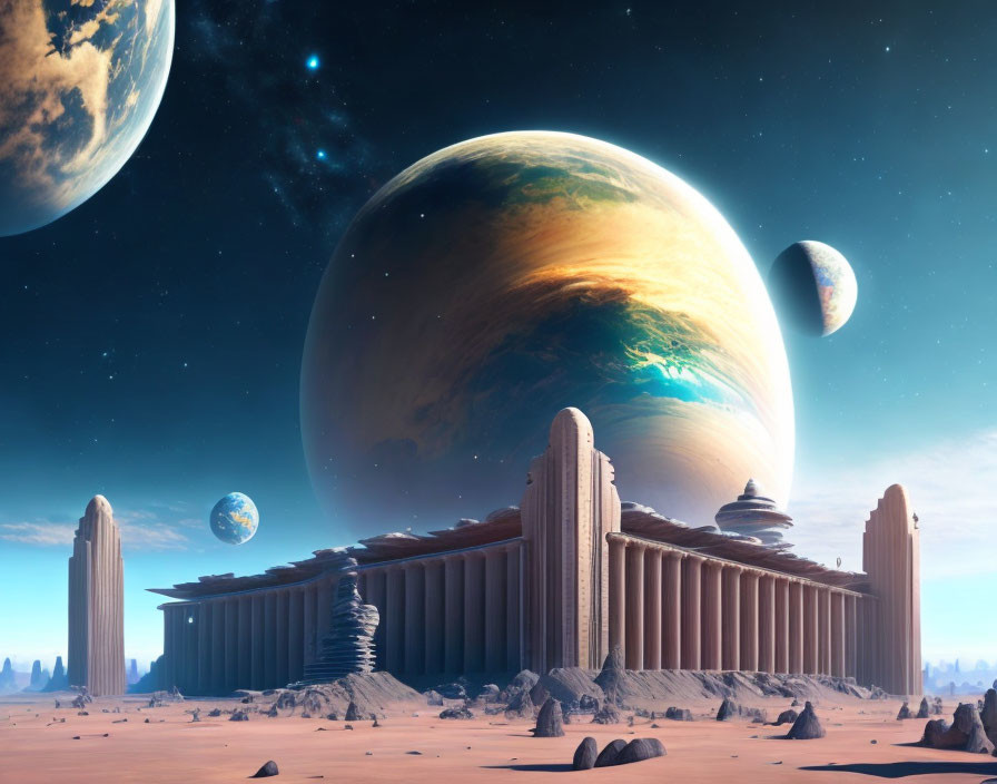 Futuristic alien planet with grand temple and multiple celestial bodies