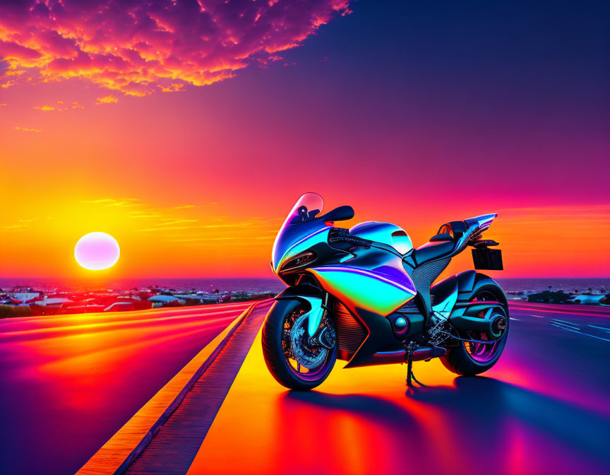 Vibrant neon-lit road with parked motorcycle at sunset