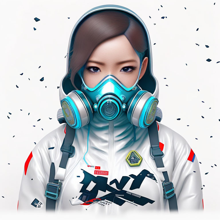 Digital Artwork: Person in White & Blue Futuristic Gas Mask & Headphones