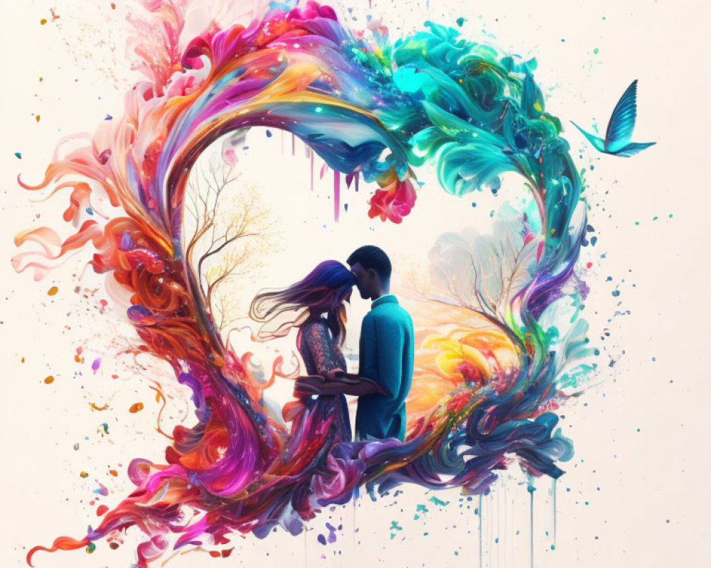 Colorful Abstract Paint Splashes Surrounding Embracing Couple