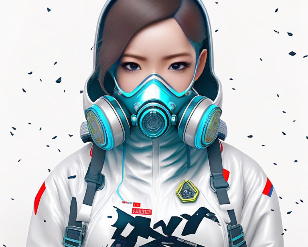 Digital Artwork: Person in White & Blue Futuristic Gas Mask & Headphones
