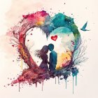 Colorful Abstract Paint Splashes Surrounding Embracing Couple
