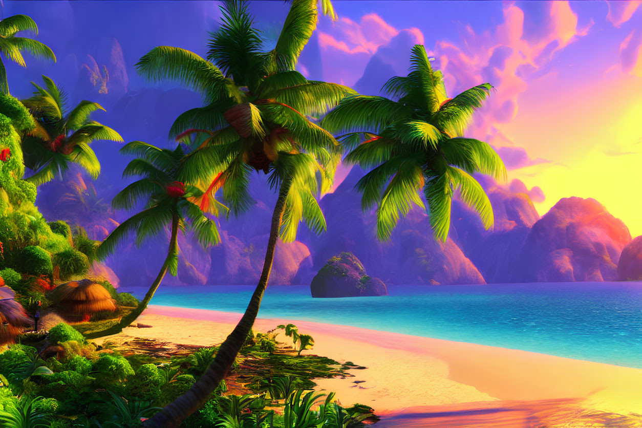 Tropical Beach Scene with Palm Trees and Sunset Sky