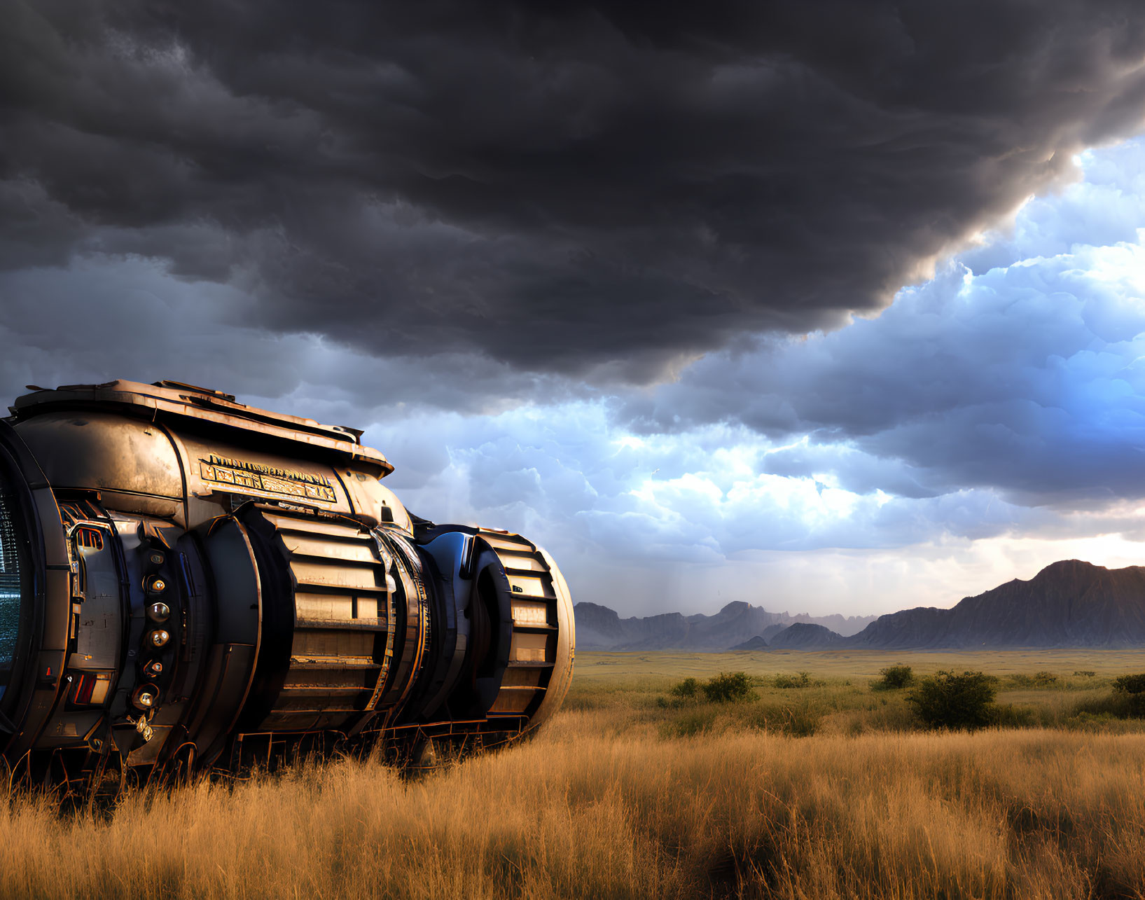Futuristic train with cylindrical carriages under stormy sky on grassy plain
